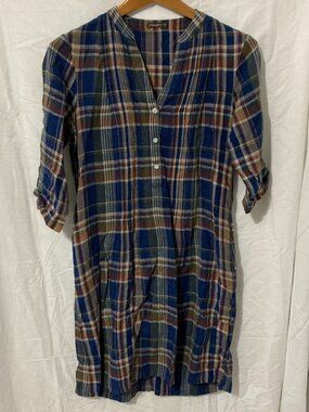 J.MCLAUGHLIN Lightweight Cotton PLAID Button Front Tunic XS Blue Green Dress